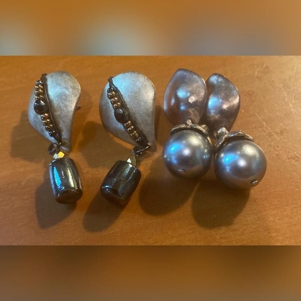 Silver Tone Gray Bead Dangle Drop Earrings Lot 2 Pairs Women’s Jewelry Pierced